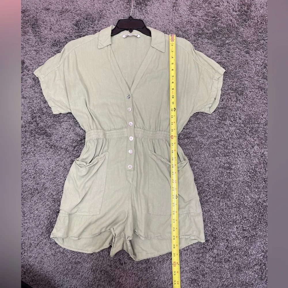 Zara sage green linen short sleeve V-neck elastic button front romper size M